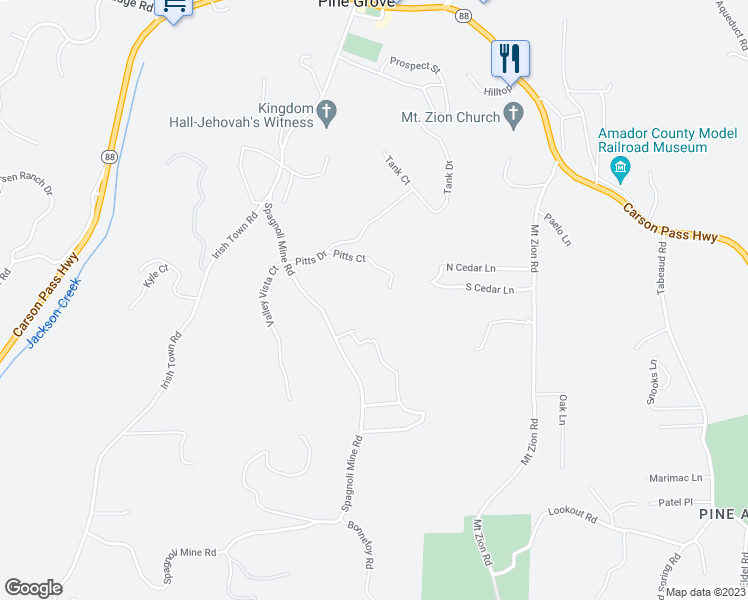 map of restaurants, bars, coffee shops, grocery stores, and more near 19914 Pitts Court in Pine Grove