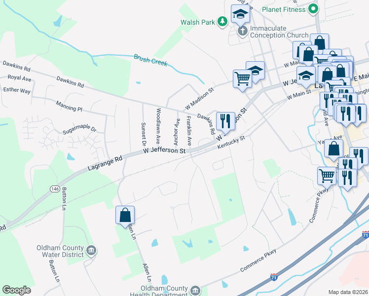 map of restaurants, bars, coffee shops, grocery stores, and more near 800 West Jefferson Street in La Grange