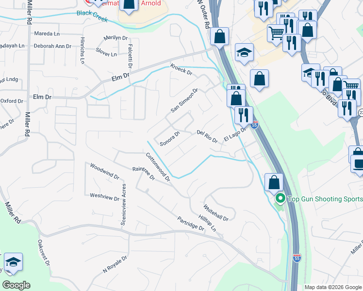 map of restaurants, bars, coffee shops, grocery stores, and more near 2074 Del Rio Drive in Arnold