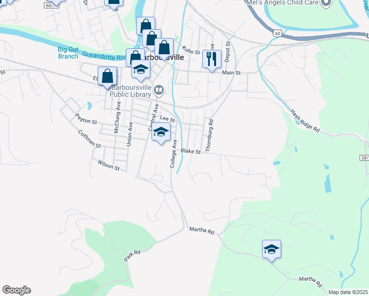 map of restaurants, bars, coffee shops, grocery stores, and more near 1126 Blake St in Barboursville