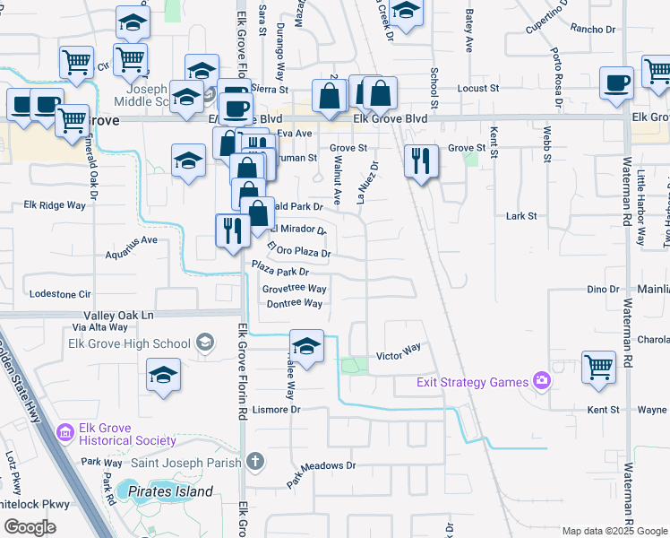 map of restaurants, bars, coffee shops, grocery stores, and more near 9000 Plaza Park Drive in Elk Grove