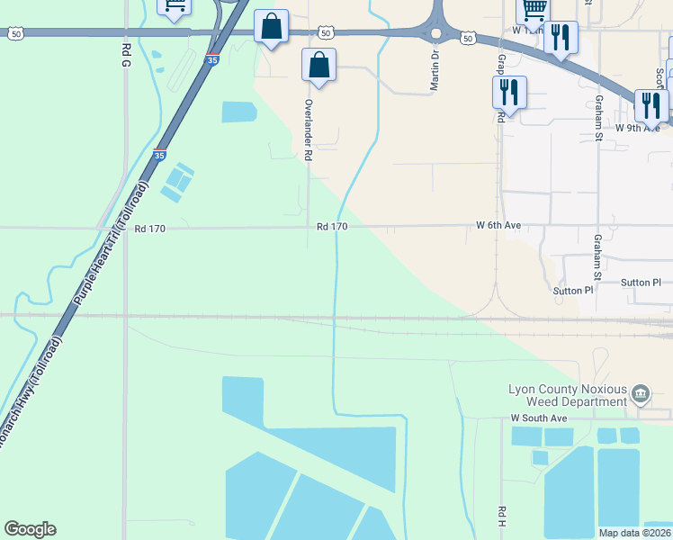 map of restaurants, bars, coffee shops, grocery stores, and more near 700 Road 170 in Emporia