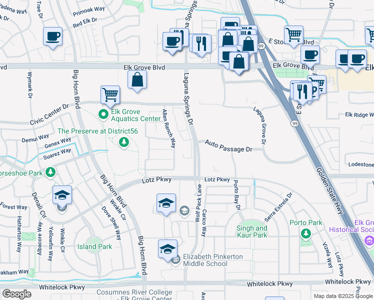 map of restaurants, bars, coffee shops, grocery stores, and more near 9750 Laguna Springs Drive in Elk Grove