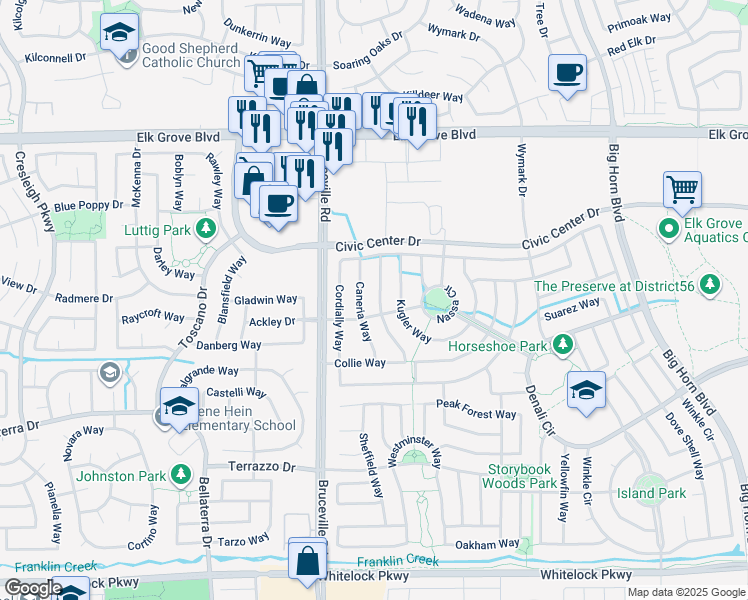 map of restaurants, bars, coffee shops, grocery stores, and more near 9763 Caneria Way in Elk Grove