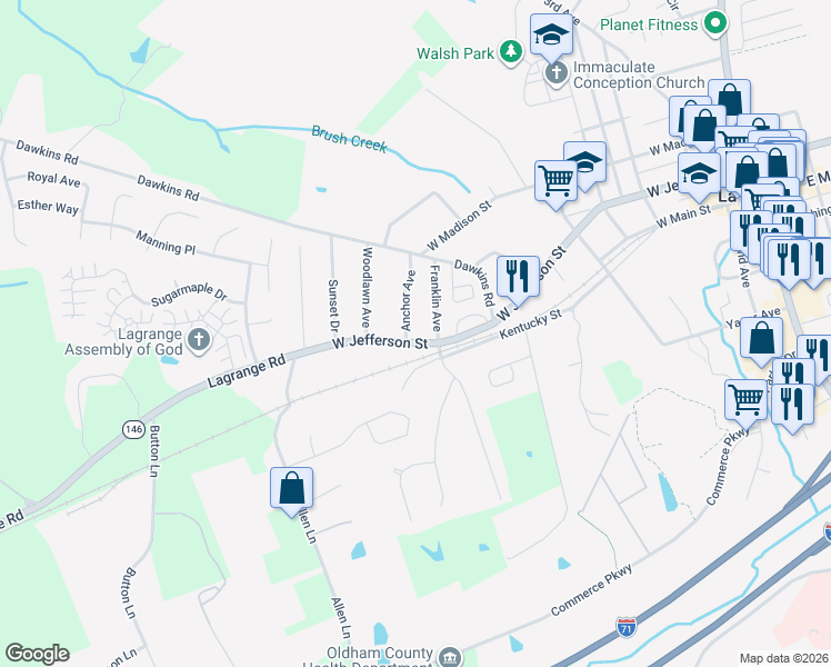 map of restaurants, bars, coffee shops, grocery stores, and more near 800 West Jefferson Street in La Grange