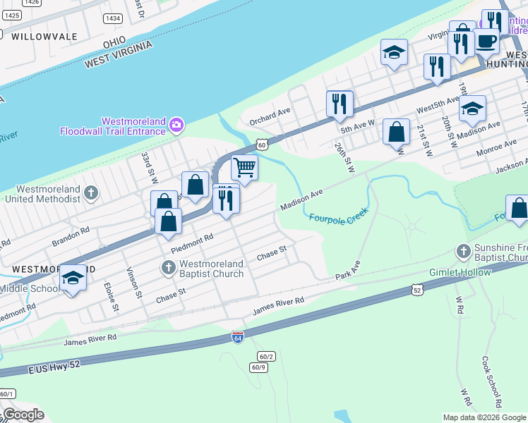 map of restaurants, bars, coffee shops, grocery stores, and more near 2942-2950 Piedmont Rd in Huntington