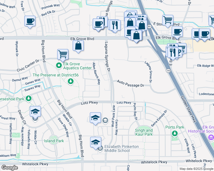 map of restaurants, bars, coffee shops, grocery stores, and more near 9750 Laguna Springs Drive in Elk Grove