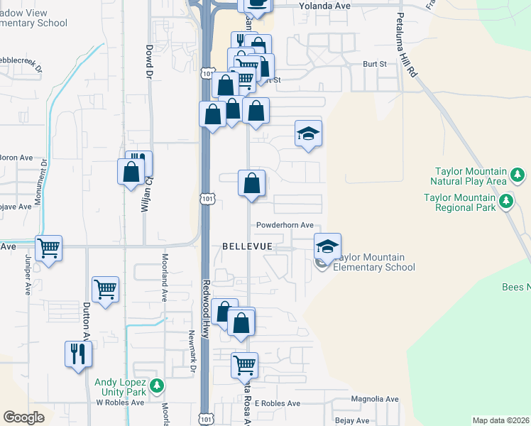 map of restaurants, bars, coffee shops, grocery stores, and more near 3020 Santa Rosa Avenue in Santa Rosa