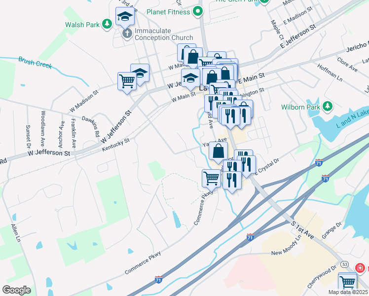 map of restaurants, bars, coffee shops, grocery stores, and more near 231 Yager Avenue in La Grange