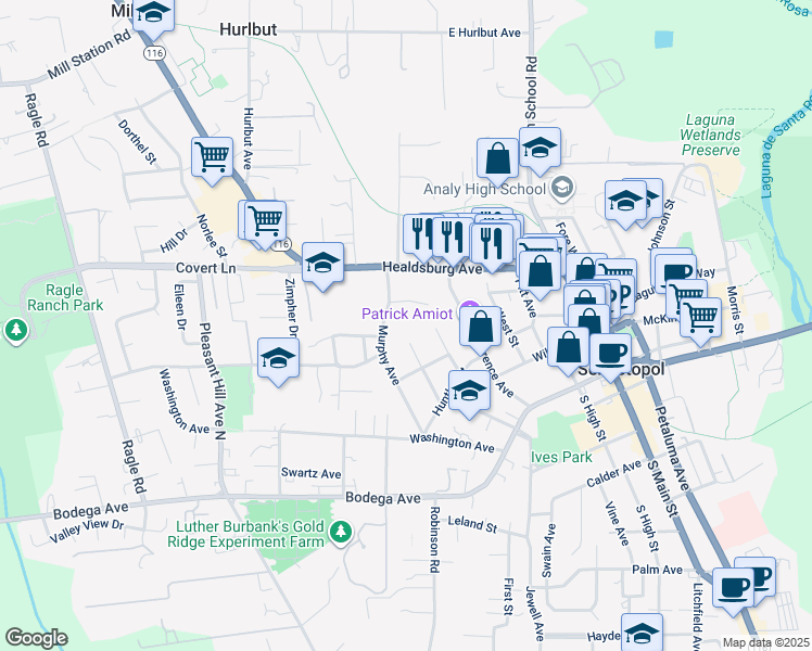 map of restaurants, bars, coffee shops, grocery stores, and more near 349 Jesse Street in Sebastopol