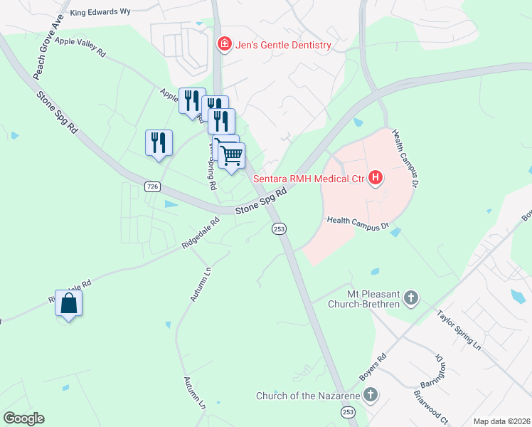 map of restaurants, bars, coffee shops, grocery stores, and more near Boyd Ln in Harrisonburg