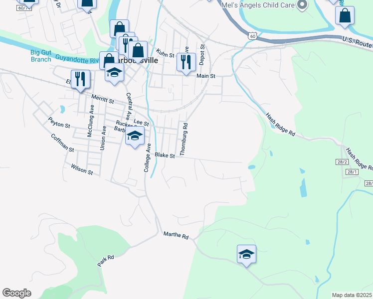 map of restaurants, bars, coffee shops, grocery stores, and more near 1222 Blake Street in Barboursville