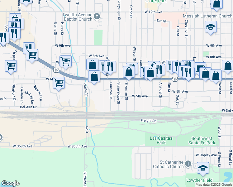 map of restaurants, bars, coffee shops, grocery stores, and more near 334 Funston Street in Emporia