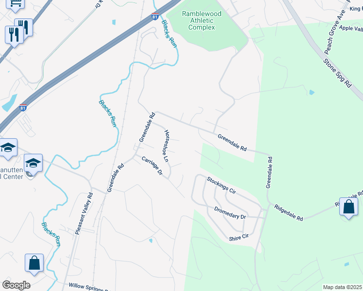 map of restaurants, bars, coffee shops, grocery stores, and more near 1045 Blaze Court in Harrisonburg