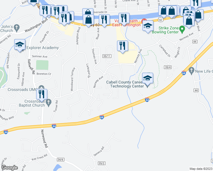 map of restaurants, bars, coffee shops, grocery stores, and more near Lynwood Terrace in Huntington