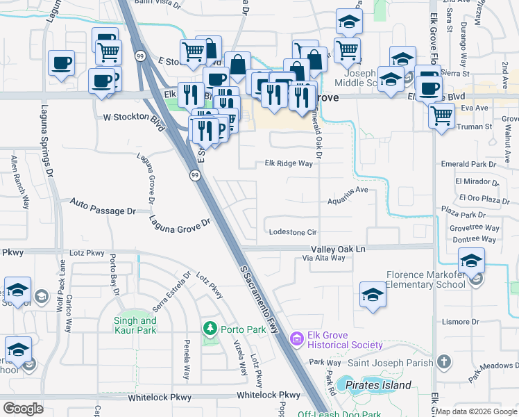 map of restaurants, bars, coffee shops, grocery stores, and more near 30 Calle Susana in Elk Grove