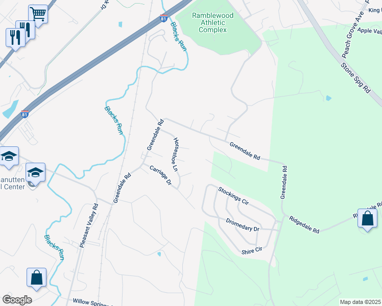 map of restaurants, bars, coffee shops, grocery stores, and more near 1045 Blaze Court in Harrisonburg