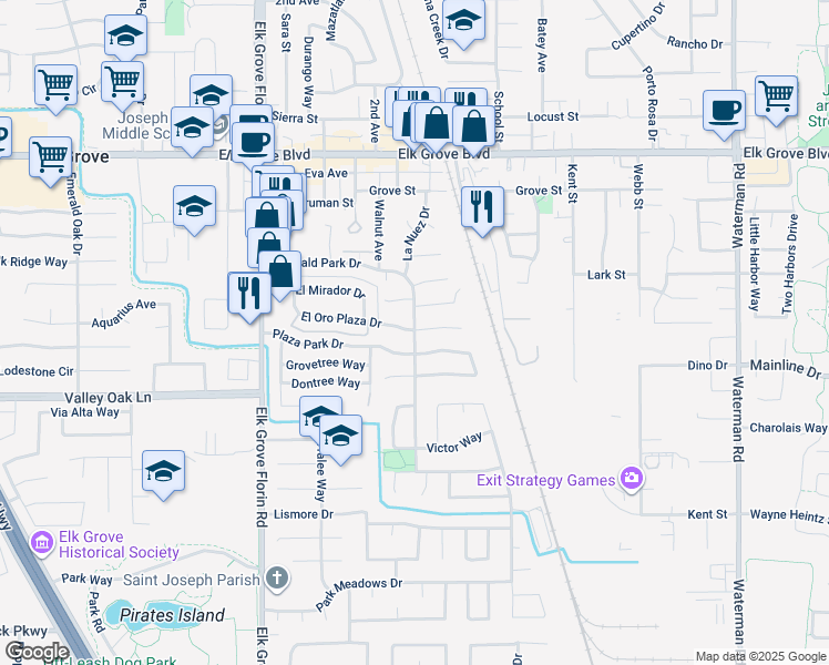 map of restaurants, bars, coffee shops, grocery stores, and more near 9027 Plaza Park Drive in Elk Grove