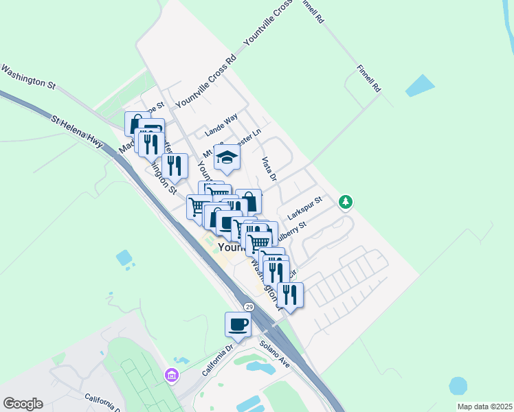 map of restaurants, bars, coffee shops, grocery stores, and more near 20 Ivy Court in Yountville