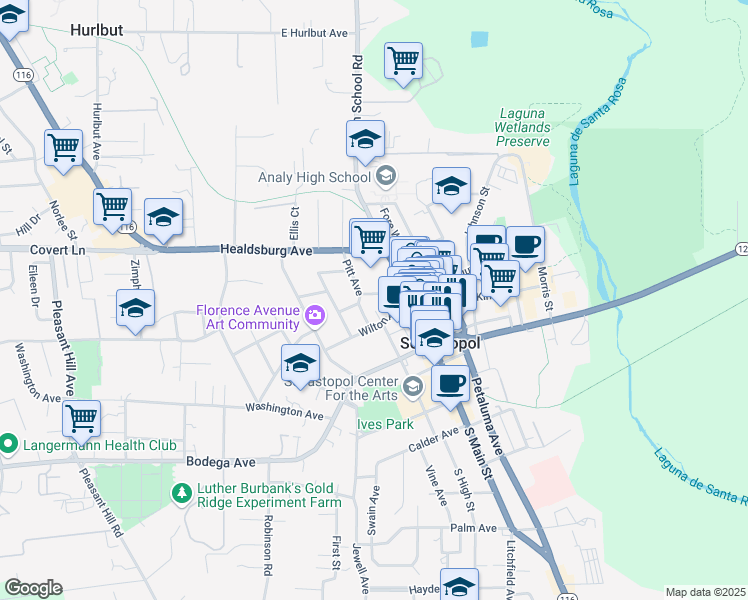 map of restaurants, bars, coffee shops, grocery stores, and more near 7191 Keating Avenue in Sebastopol