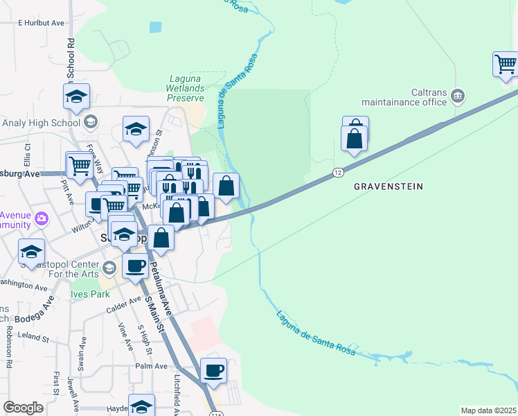 map of restaurants, bars, coffee shops, grocery stores, and more near 6665 Sebastopol Avenue in Sebastopol