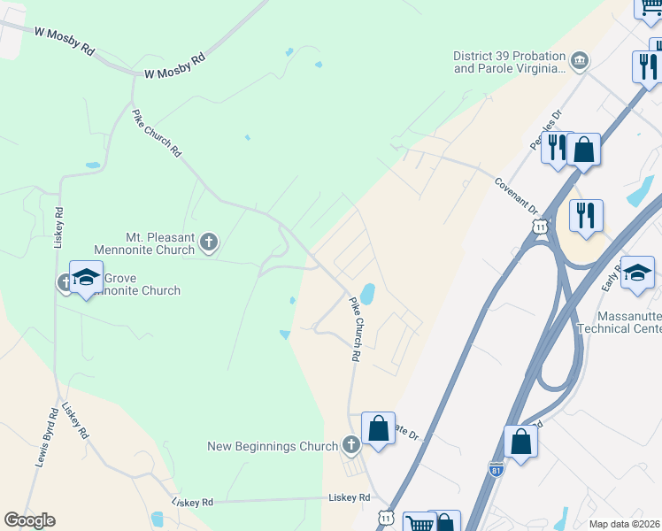 map of restaurants, bars, coffee shops, grocery stores, and more near 723 Pike Church Road in Harrisonburg