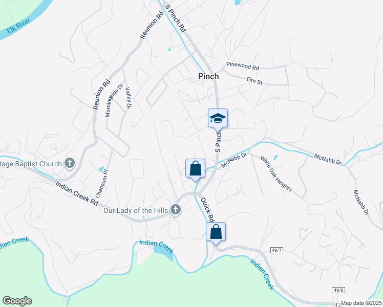 map of restaurants, bars, coffee shops, grocery stores, and more near 295 South Pinch Road in Elkview