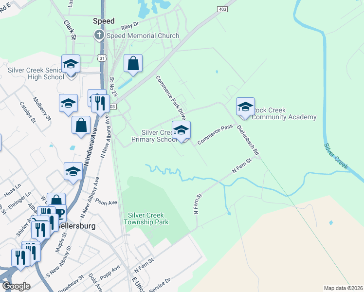 map of restaurants, bars, coffee shops, grocery stores, and more near 8604 Commerce Park Drive in Sellersburg