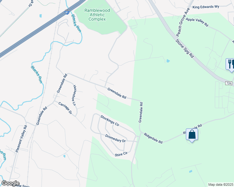 map of restaurants, bars, coffee shops, grocery stores, and more near 1221 Greendale Road in Harrisonburg