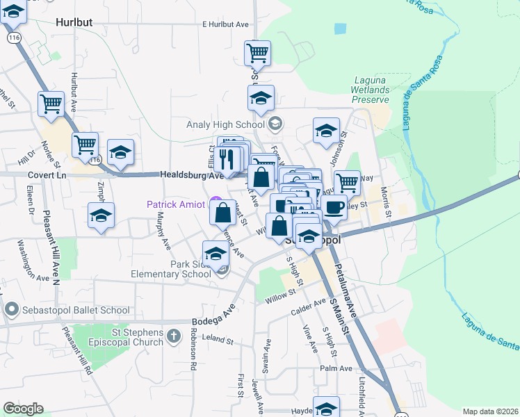 map of restaurants, bars, coffee shops, grocery stores, and more near 7195 Keating Avenue in Sebastopol