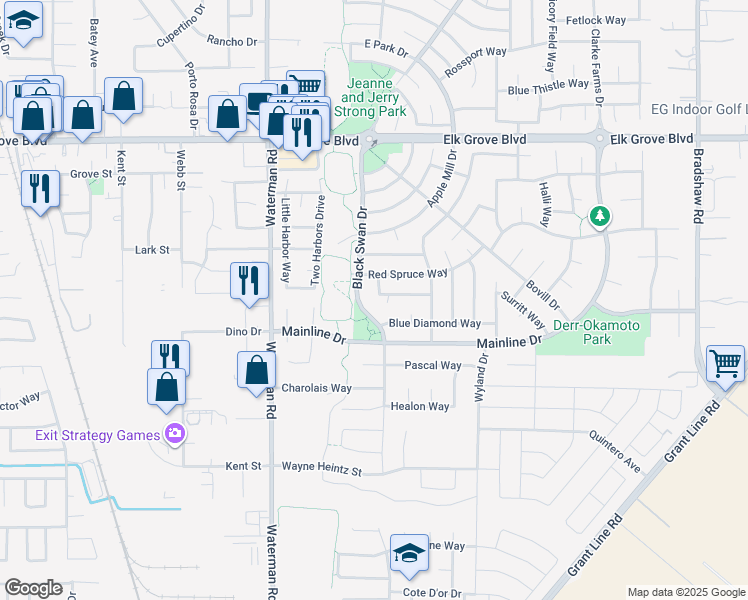 map of restaurants, bars, coffee shops, grocery stores, and more near 9746 Black Swan Drive in Elk Grove