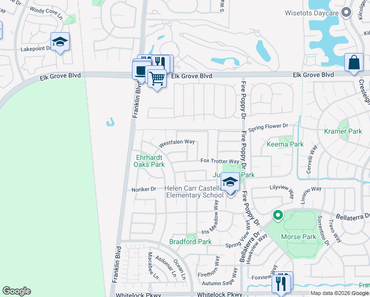 map of restaurants, bars, coffee shops, grocery stores, and more near 9752 Sorrena Way in Elk Grove