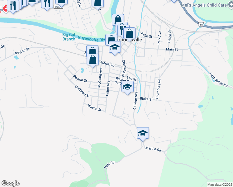 map of restaurants, bars, coffee shops, grocery stores, and more near 1317-1321 Central Avenue in Barboursville