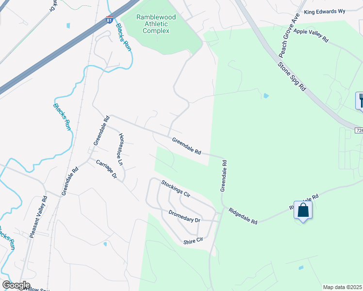 map of restaurants, bars, coffee shops, grocery stores, and more near 1221 Greendale Road in Harrisonburg