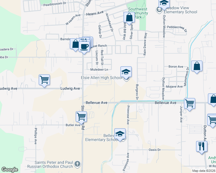map of restaurants, bars, coffee shops, grocery stores, and more near 671 Bellevue Avenue in Santa Rosa