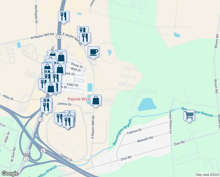 map of restaurants, bars, coffee shops, grocery stores, and more near Parsons Lake Drive in Salisbury