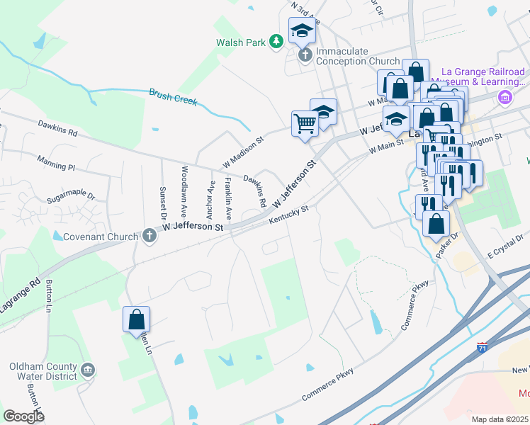 map of restaurants, bars, coffee shops, grocery stores, and more near Fendley Mill Road in La Grange