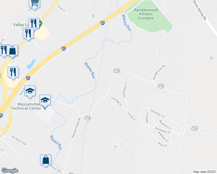 map of restaurants, bars, coffee shops, grocery stores, and more near 958 State Route 710 in Harrisonburg