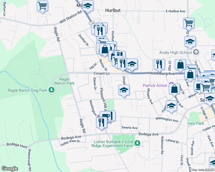 map of restaurants, bars, coffee shops, grocery stores, and more near 479 Sequoia Lane in Sebastopol