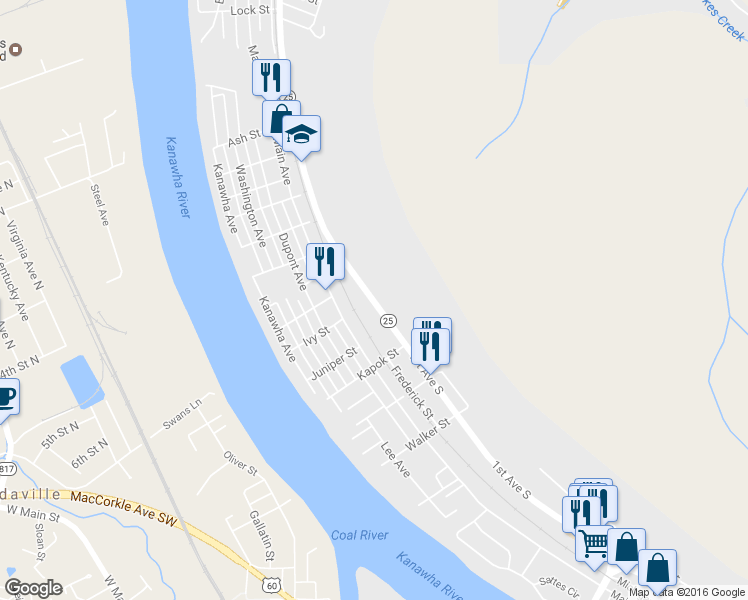 map of restaurants, bars, coffee shops, grocery stores, and more near 1121 1st Avenue in Nitro
