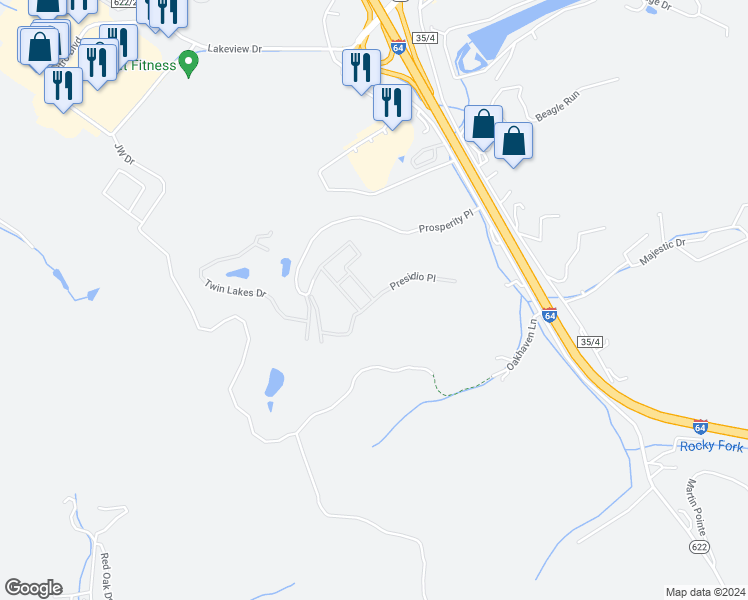 map of restaurants, bars, coffee shops, grocery stores, and more near 105 Presidio Place in Nitro
