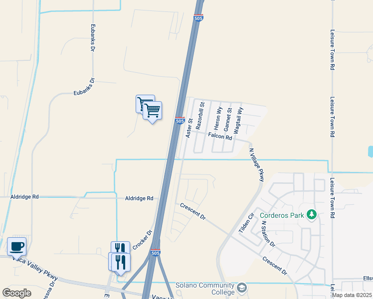 map of restaurants, bars, coffee shops, grocery stores, and more near 446 Aster Street in Vacaville