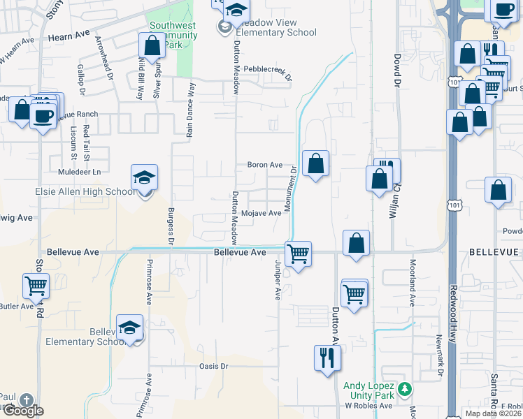 map of restaurants, bars, coffee shops, grocery stores, and more near 3353 Canyonlands Avenue in Santa Rosa