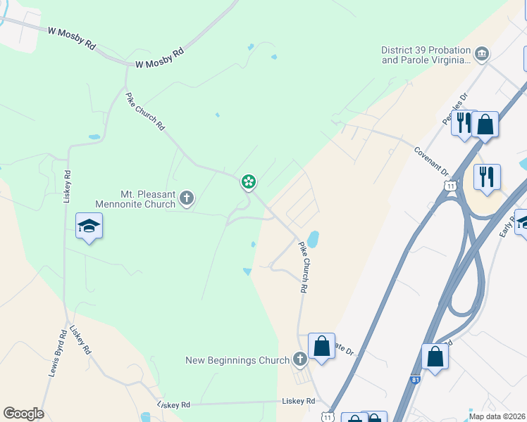map of restaurants, bars, coffee shops, grocery stores, and more near 723 Pike Church Road in Harrisonburg