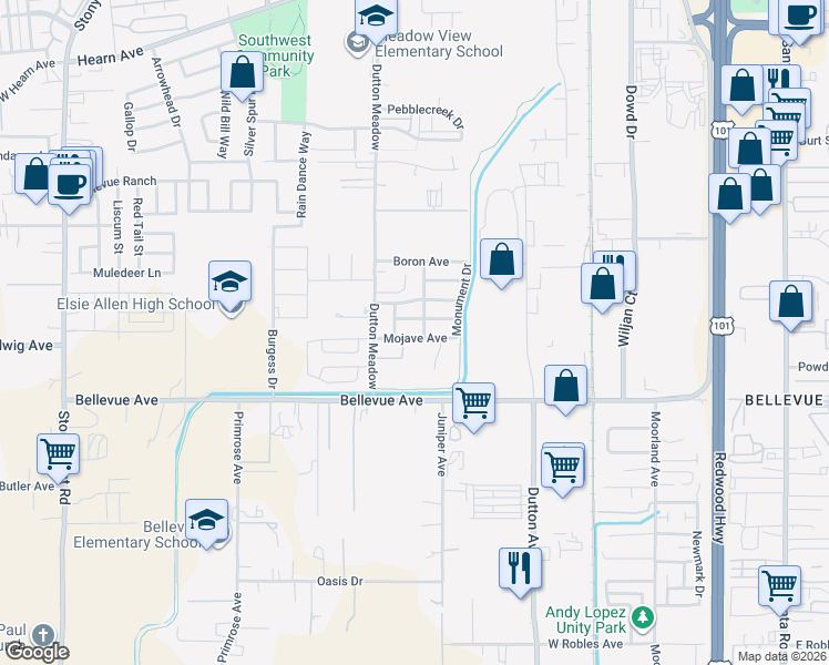 map of restaurants, bars, coffee shops, grocery stores, and more near 3353 Canyonlands Avenue in Santa Rosa