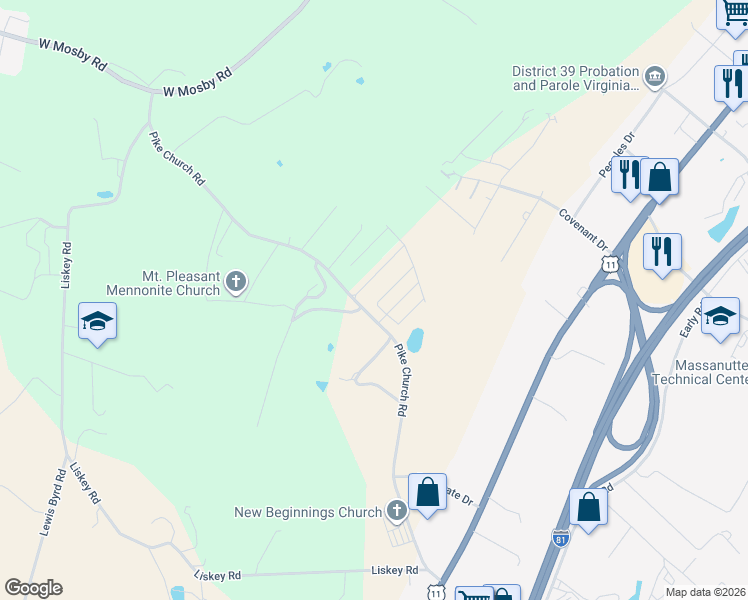 map of restaurants, bars, coffee shops, grocery stores, and more near 723 Pike Church Road in Harrisonburg
