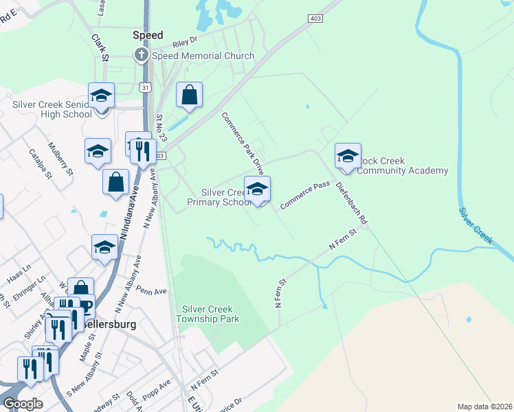 map of restaurants, bars, coffee shops, grocery stores, and more near 8604 Commerce Park Drive in Sellersburg