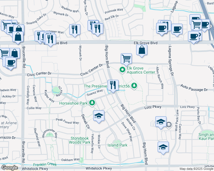 map of restaurants, bars, coffee shops, grocery stores, and more near 9724 Philta Way in Elk Grove