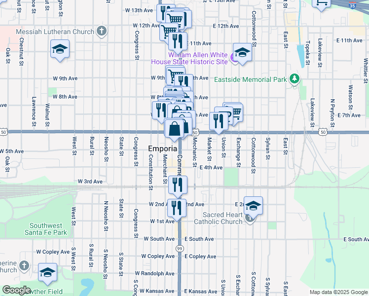 map of restaurants, bars, coffee shops, grocery stores, and more near 12 East 5th Avenue in Emporia