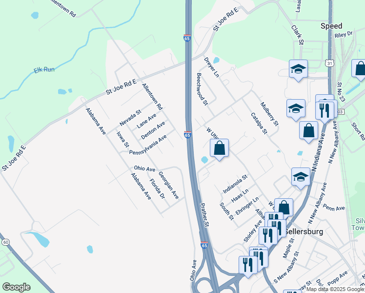 map of restaurants, bars, coffee shops, grocery stores, and more near 518 Allentown Road in Sellersburg